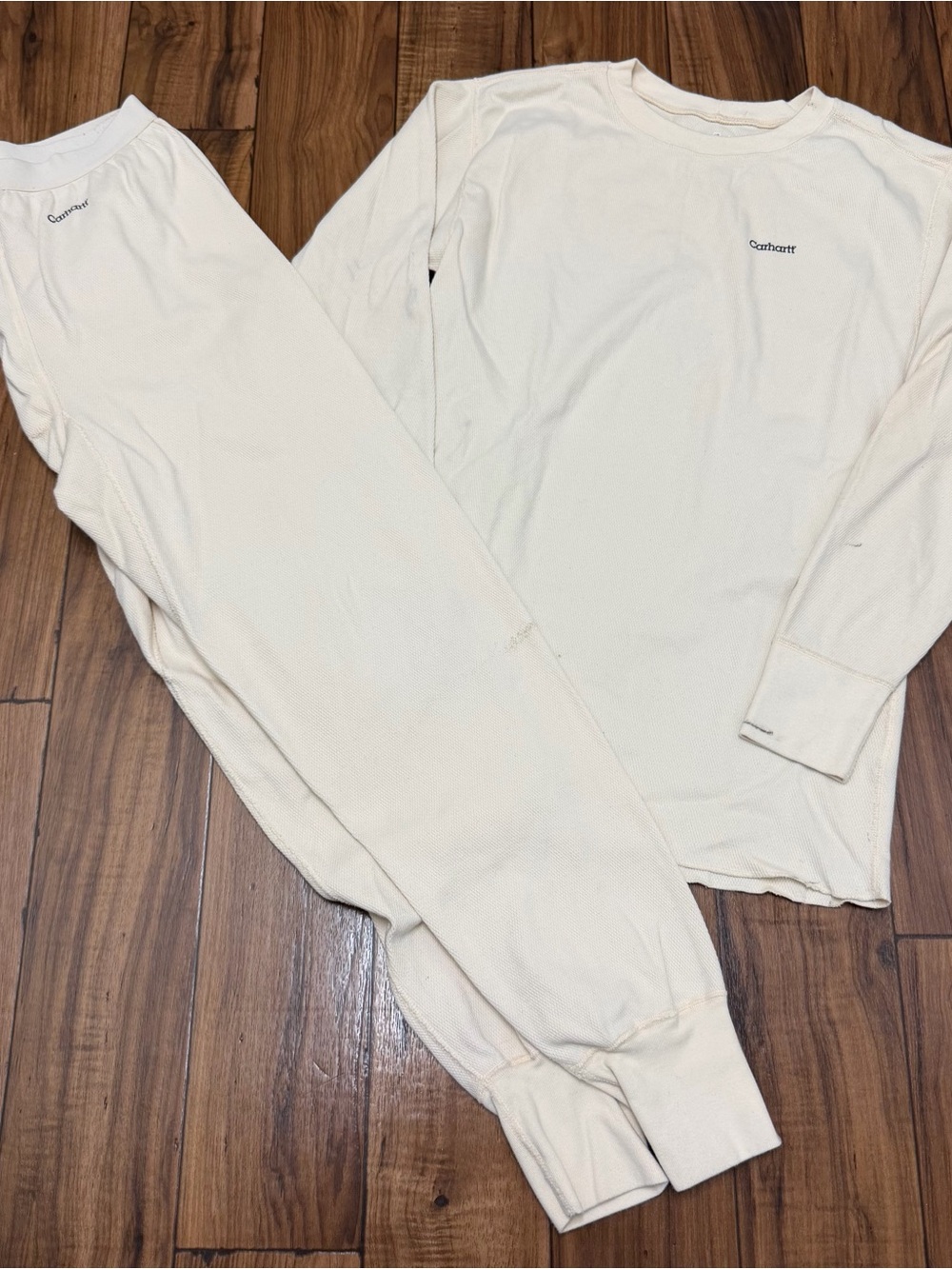Vintage Carhartt Thermal Set Mens XL Cream Waffle Knit Long Sleeve *Flaw